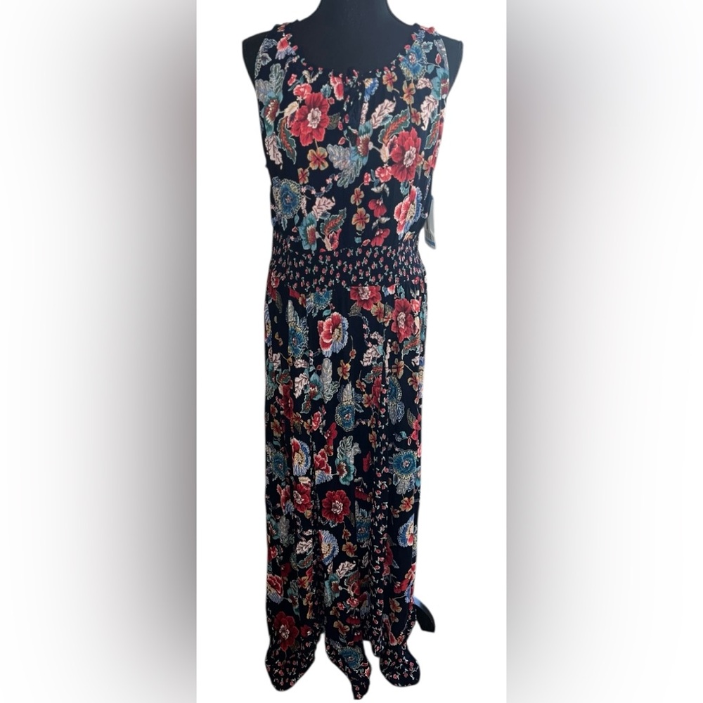 Bila Womens Maxi Dress Blue Floral Sleeveless Stretchy Bohemian Artsy NWT Sz L